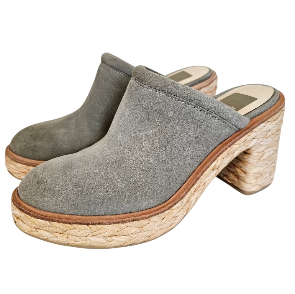Dolce Vita Sage Suede Camdin Raffia Platform Clog Mule Heels